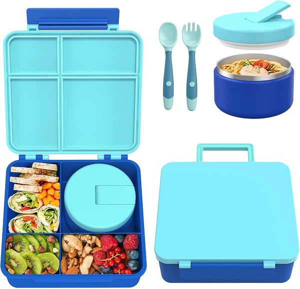 Pawtong Bento Lunch Box with 8oz Soup Thermo, Kids Leakproof Lunch Food Containers with 4 Compartment, Kids Thermo Insulated Hot Food Jar for School, Trvael(Blue