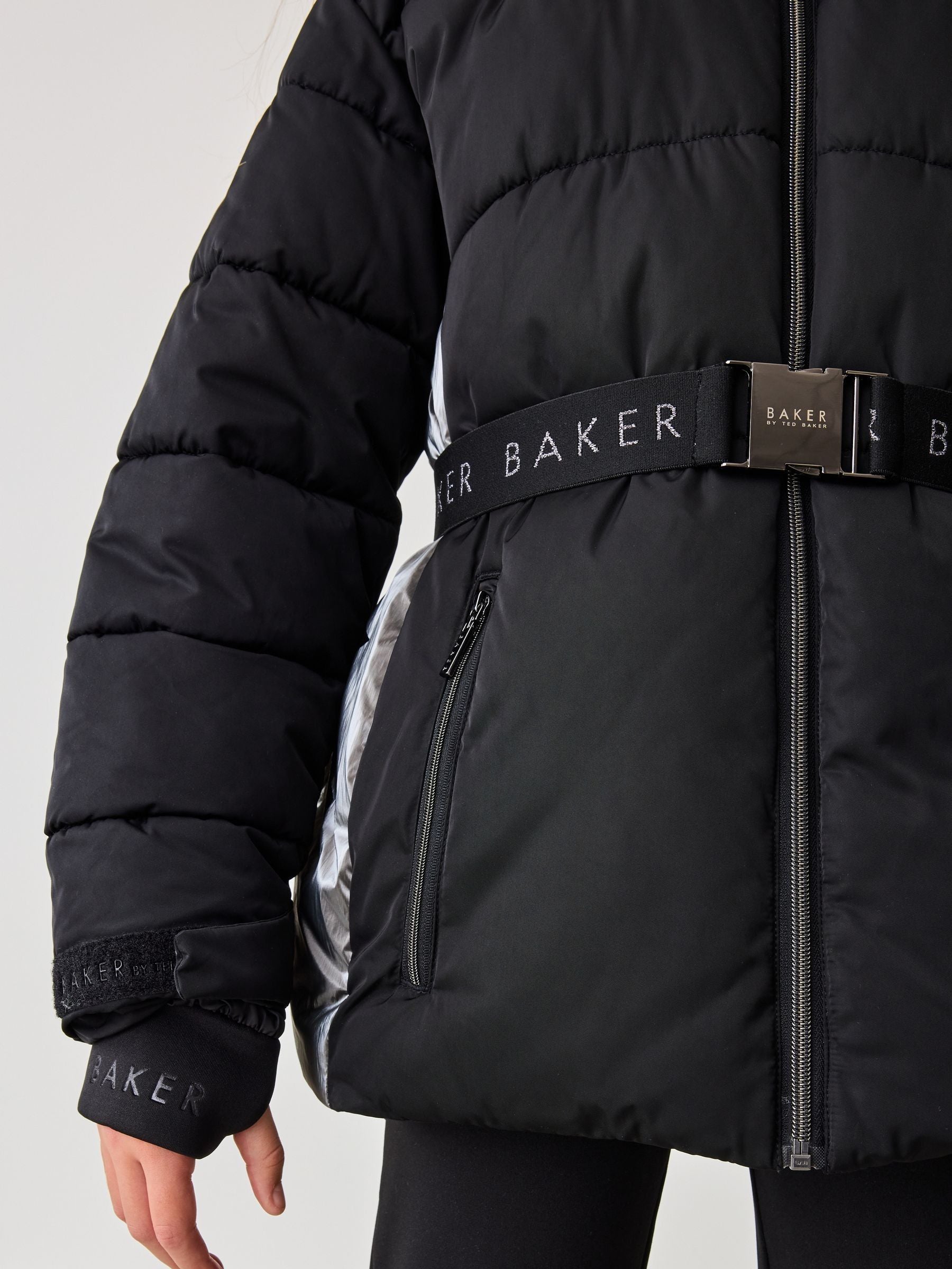 Baker by Ted Baker Shower Resistant Panel Belted Black Padded Coat