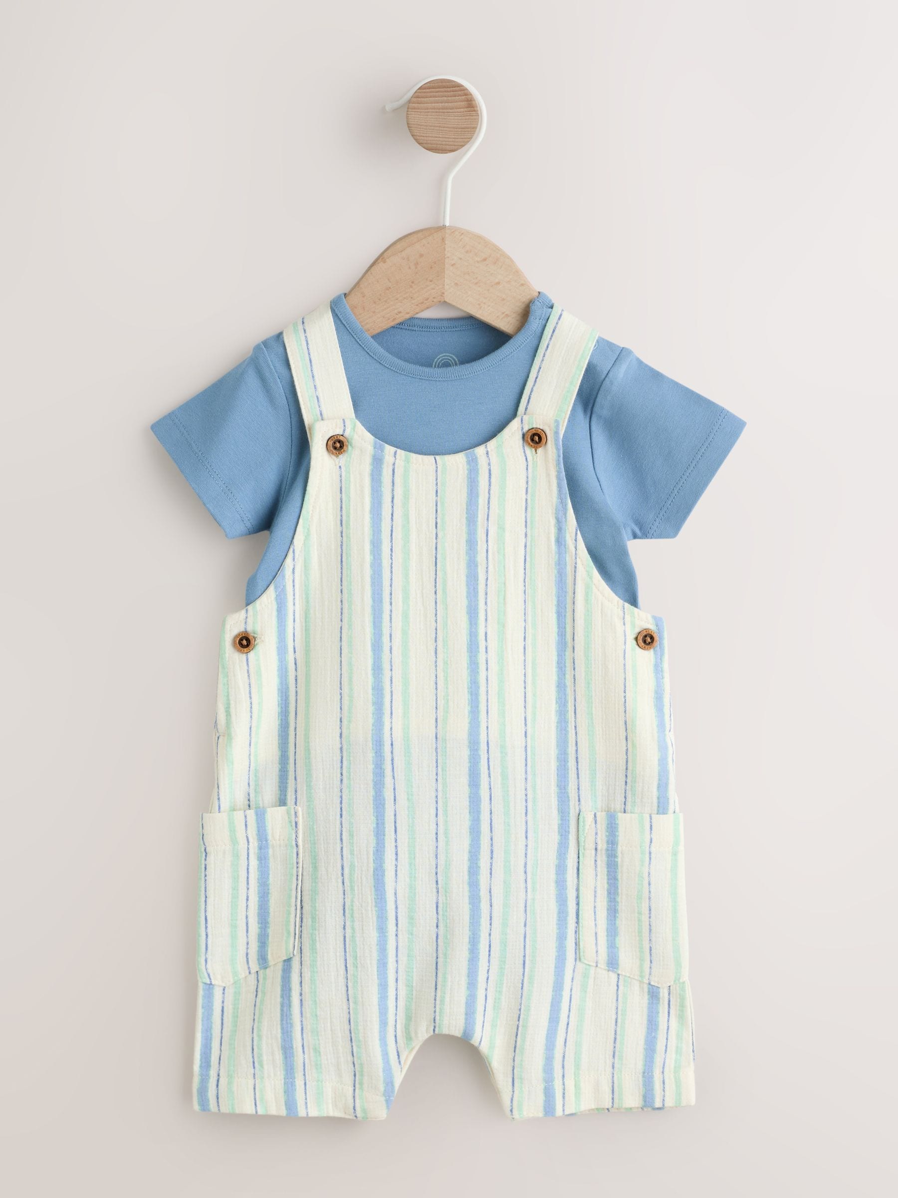 Blue Stripe Woven Dungaree and Bodysuit Set (0mths-2yrs)