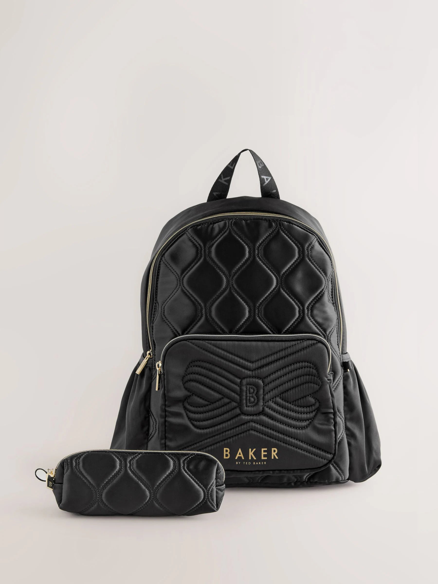 Baker by Ted Baker Girls Back To School Black Quilted Bow Backpack with Pencil Case