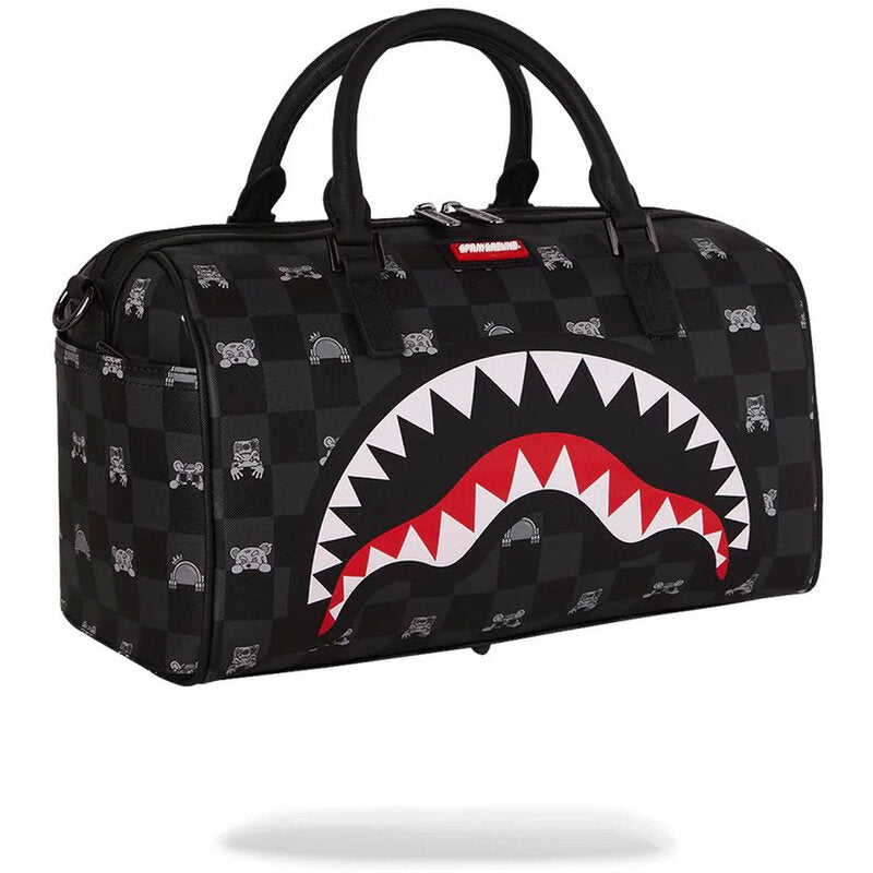 Sprayground Gray Peeking Character Check Mini Duffle