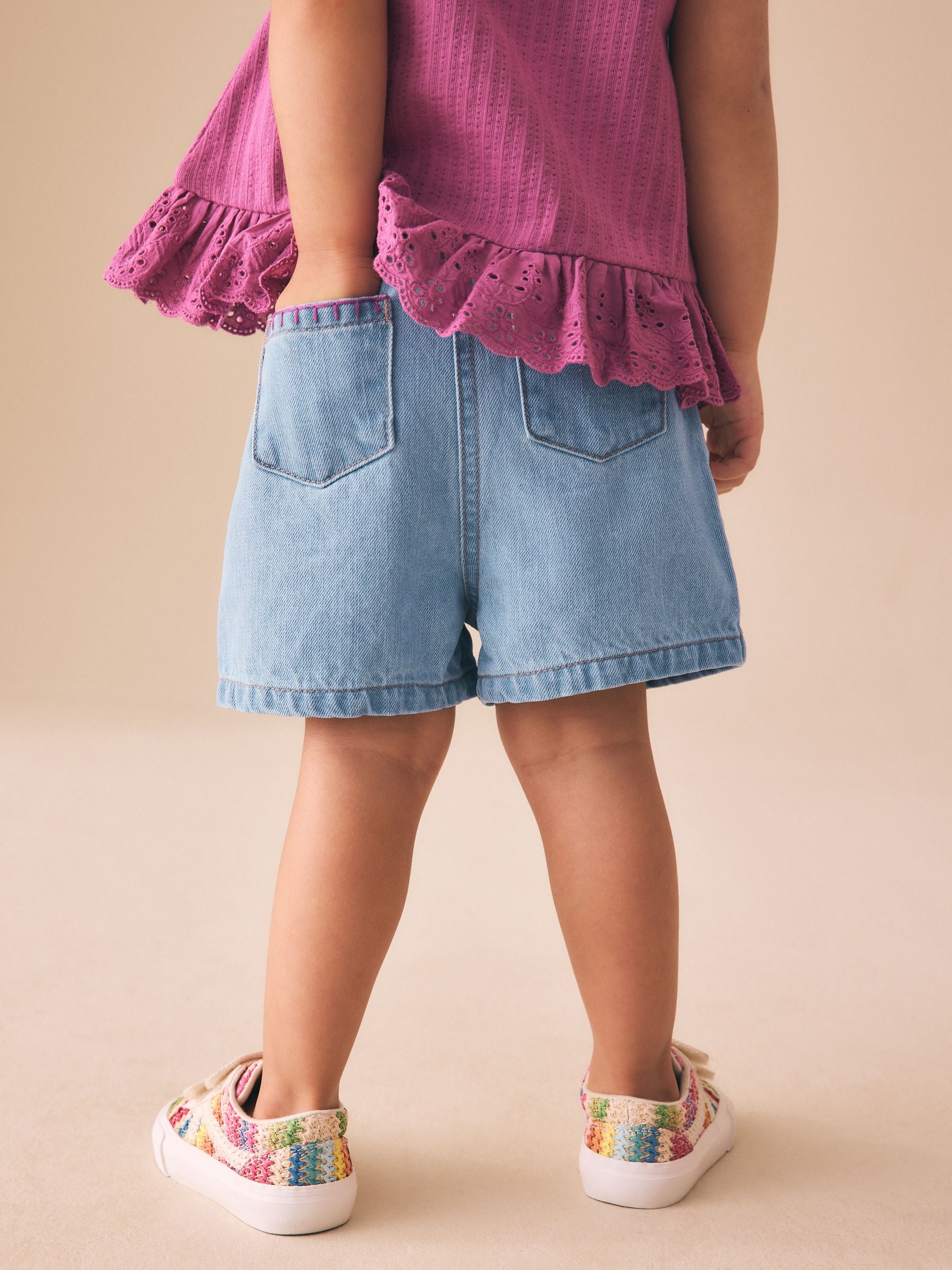 Mid Denim Crochet Flower Pull On Denim Shorts (3mths-10yrs)
