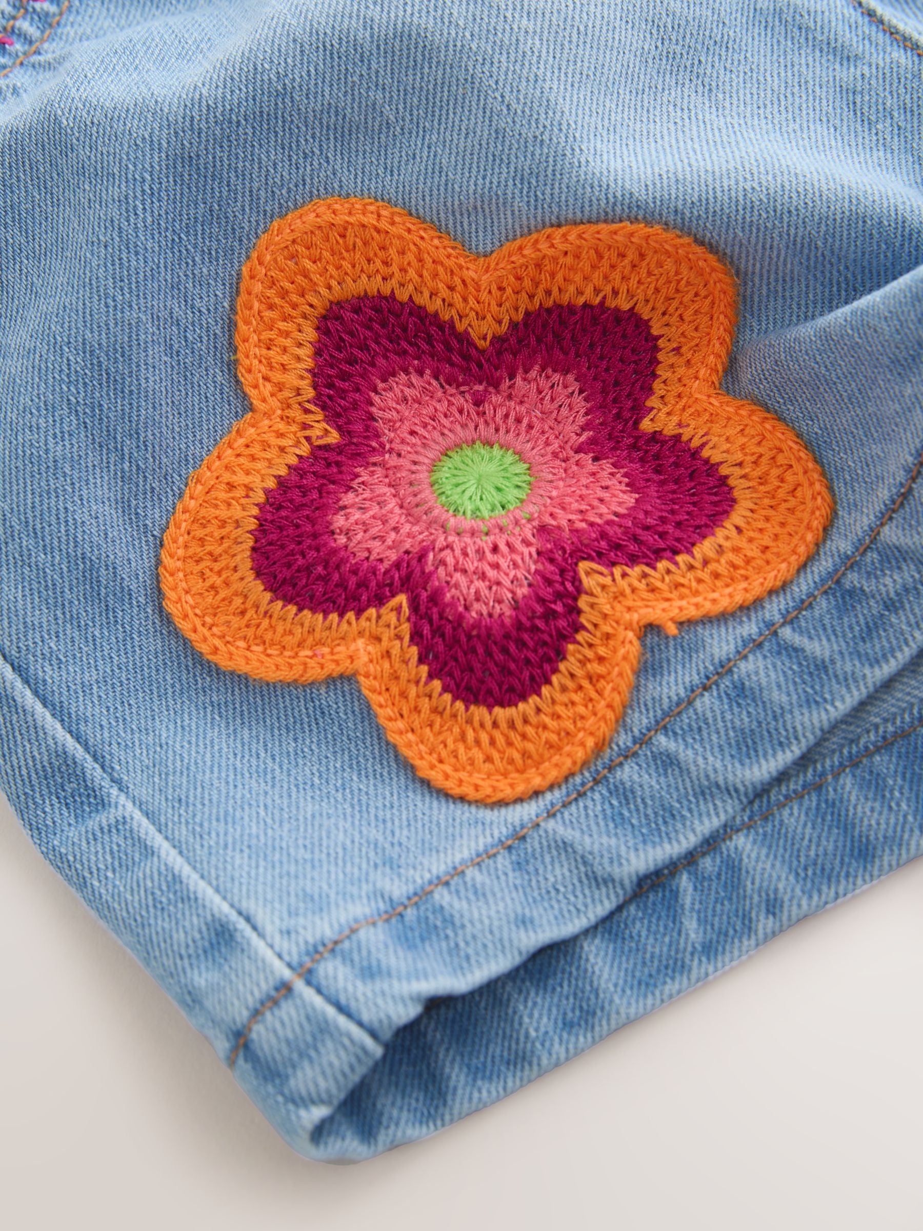 Mid Denim Crochet Flower Pull On Denim Shorts (3mths-10yrs)