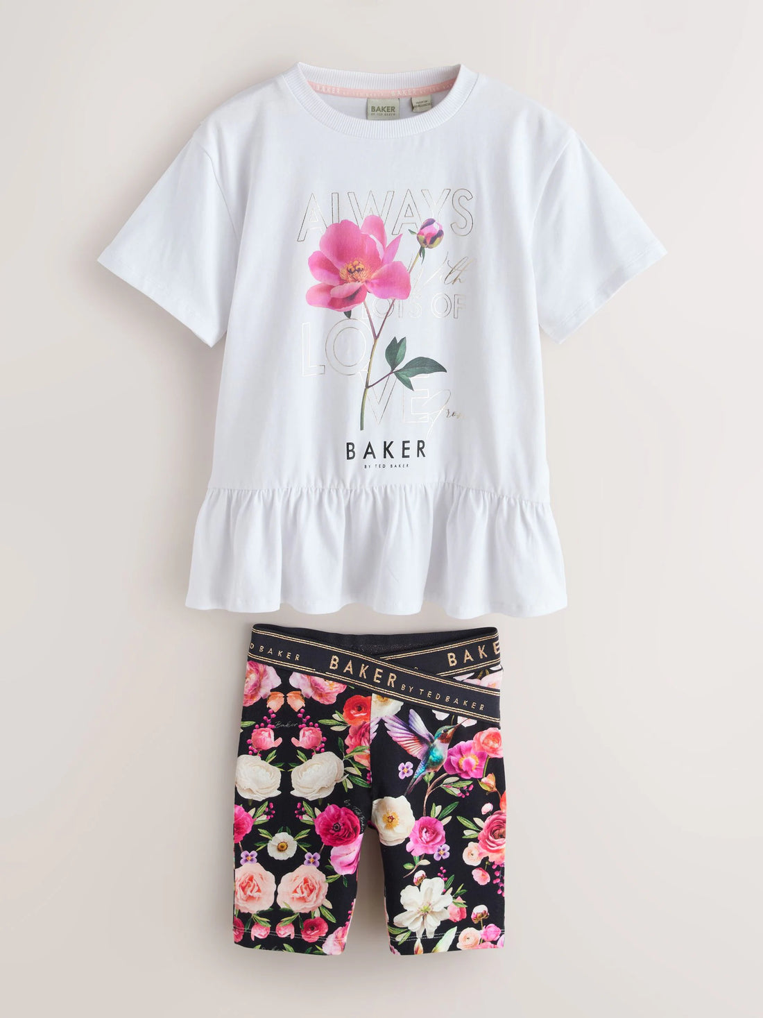 Baker by Ted Baker 2 Piece Peplum Frill T-Shirt & Floral Cycling Short Set