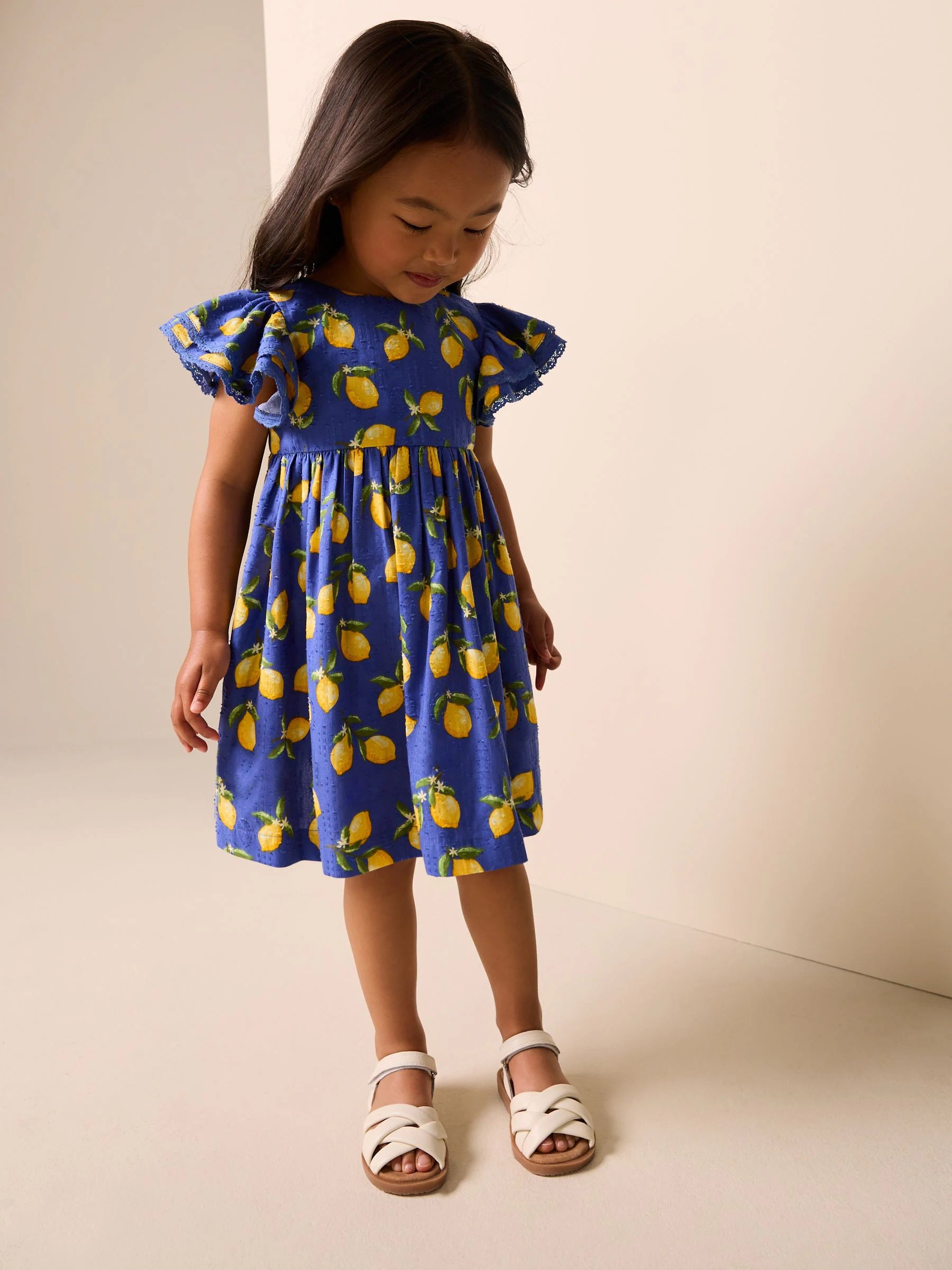 Blue Lemon Print Angel Sleeve Dress (3mths-8yrs)