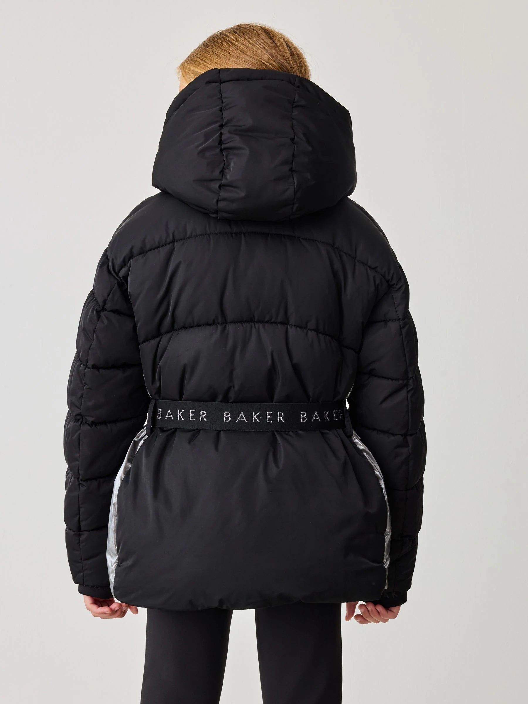 Baker by Ted Baker Shower Resistant Panel Belted Black Padded Coat