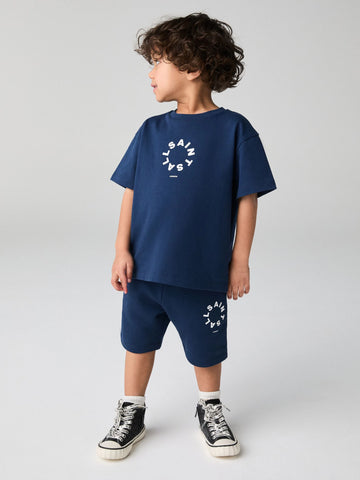 smALLSAINTS Navy Younger Boys Tierra 100% Cotton T-Shirt and Sweat Shorts Set