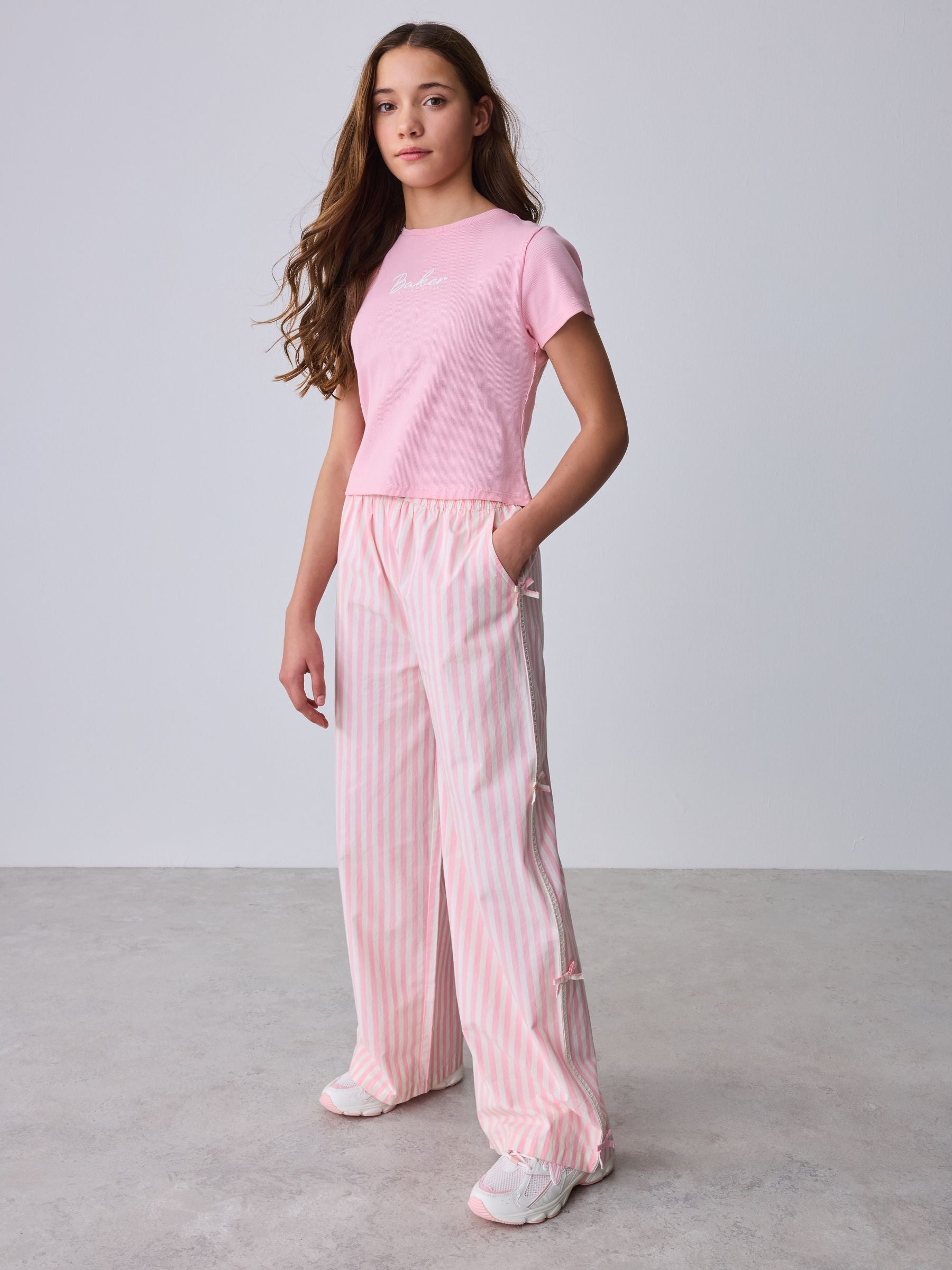 Baker by Ted Baker 2 Piece Pink Ribbed T-Shirt & Pinstripe Trousers Set
