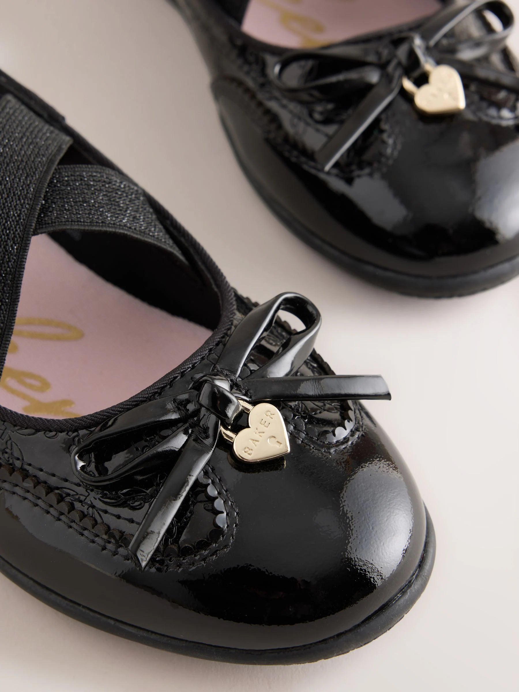 Baker by Ted Baker Black Back to School Patent Embossed Ballet Strap Bow Mary Jane Trainers