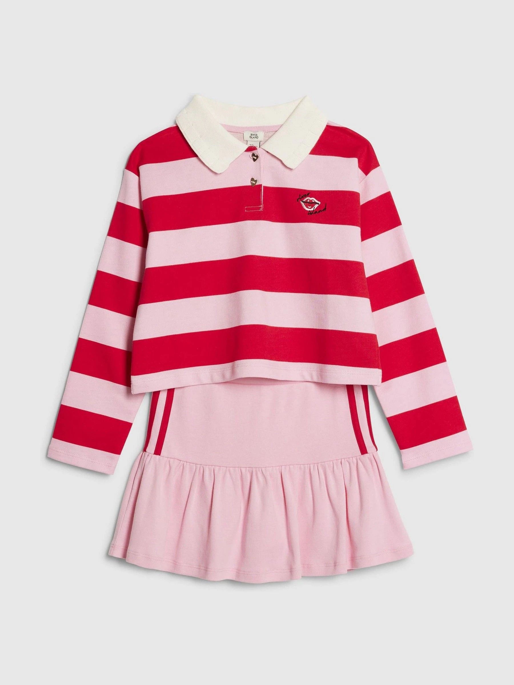 River Island Pink Rugby Stripe Top & Rara Skirt Set