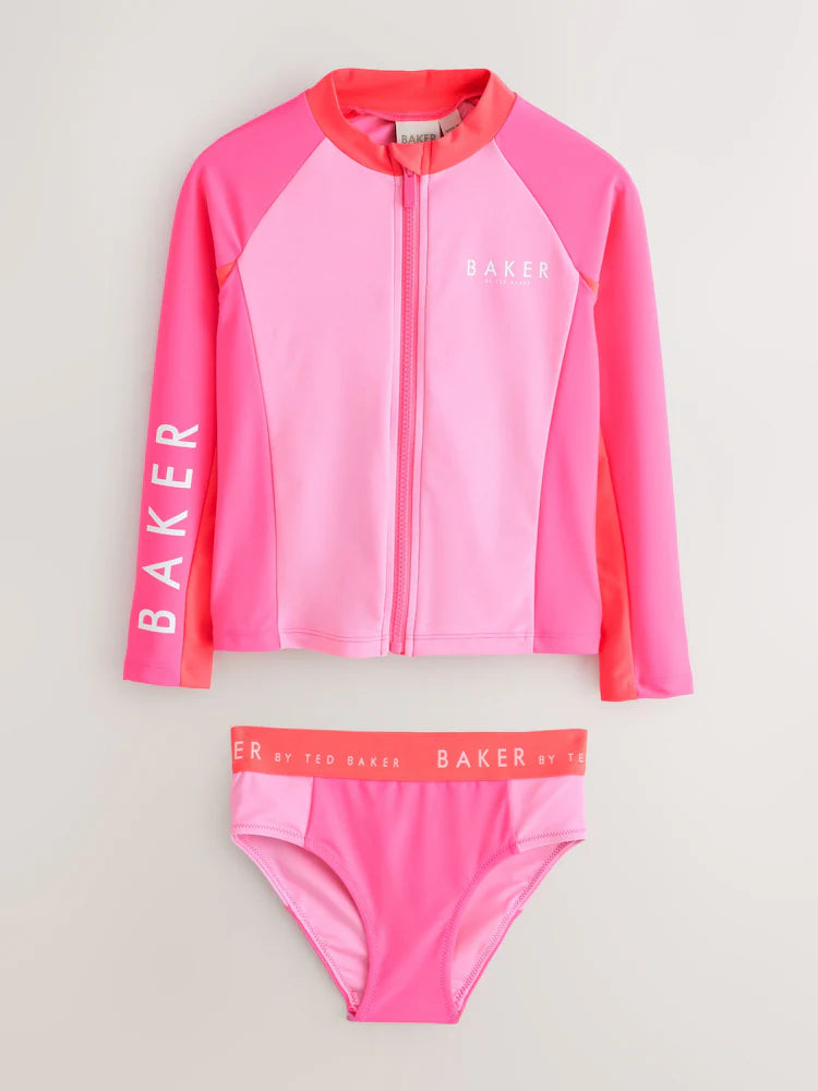 Baker by Ted Baker 3 Piece Pink Colour Block Rash Vest and Bikini Set