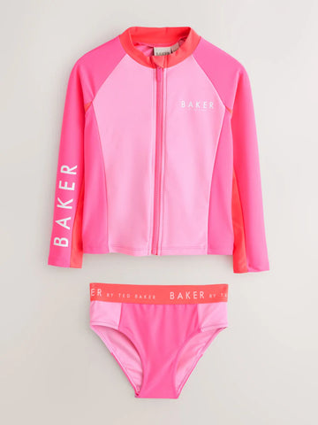Baker by Ted Baker 3 Piece Pink Colour Block Rash Vest and Bikini Set