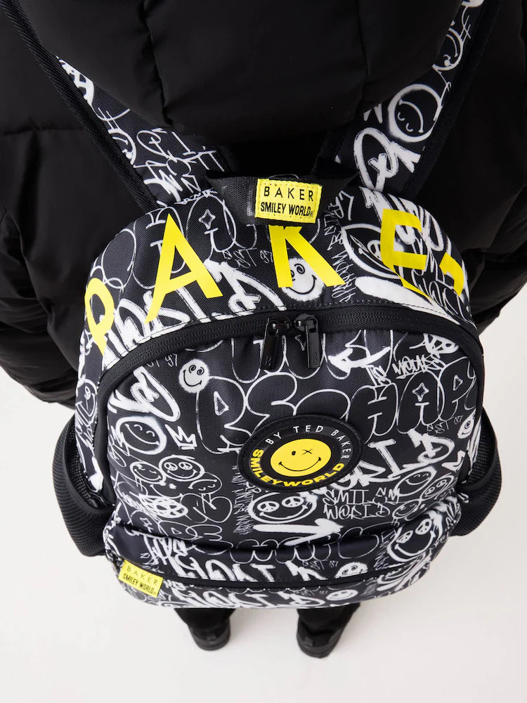 Baker by Ted Baker Black Back to School Childrens X Smiley World Graffiti Backpack