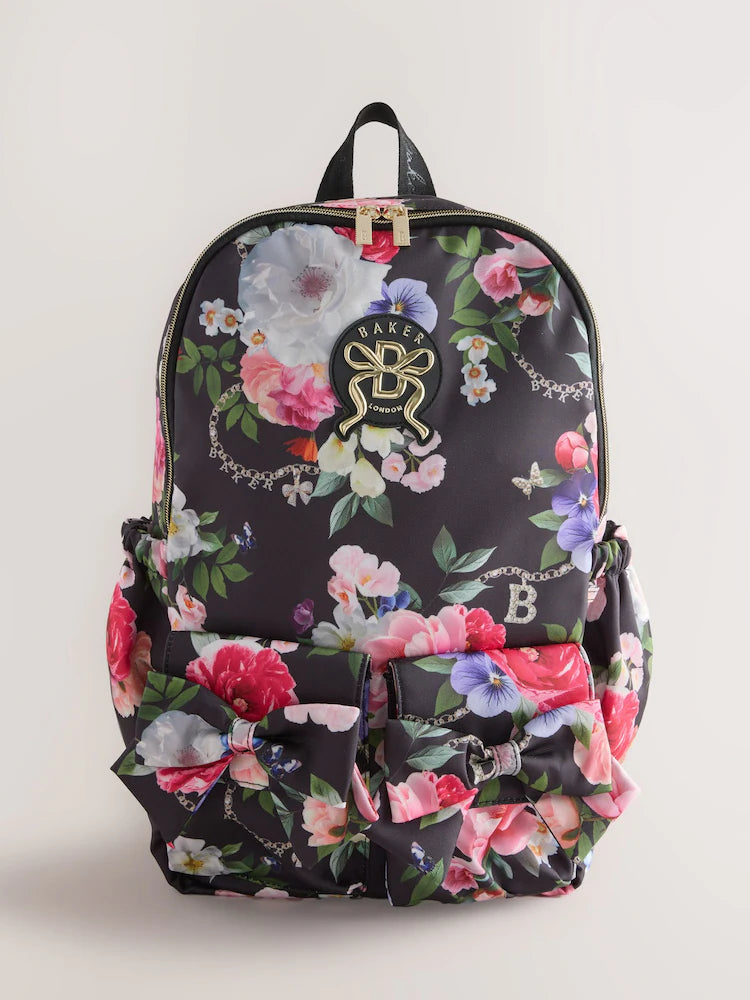 Baker by Ted Baker Black Back to School Childrens Floral Bow Backpack