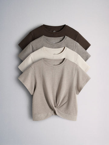 The Set 4 Pack Poly Cotton Blend Twist Front T-Shirts Brown/Cream
