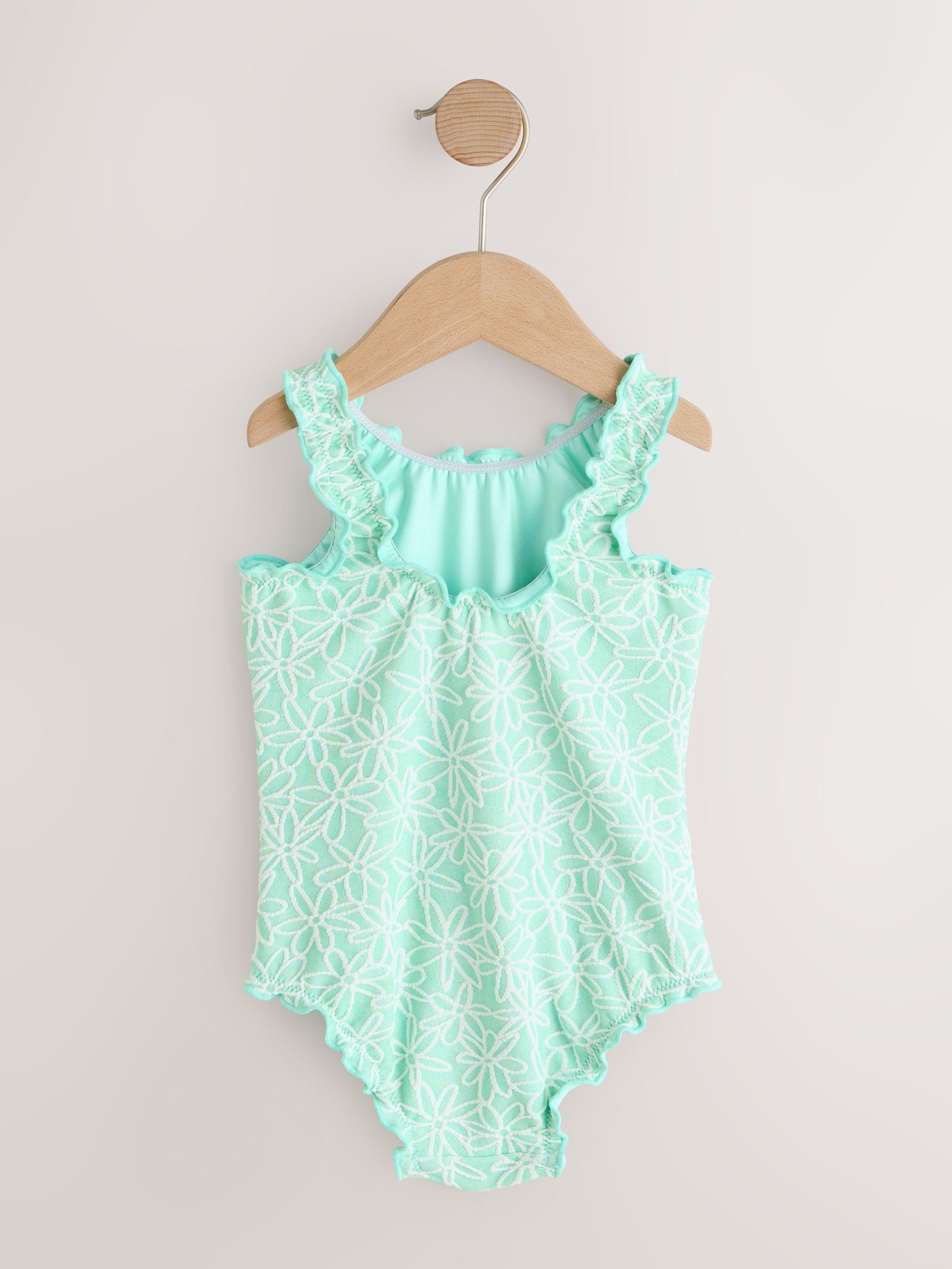Mint Green Floral Texture Lettuce Edge Swimsuit (3mths-7yrs)