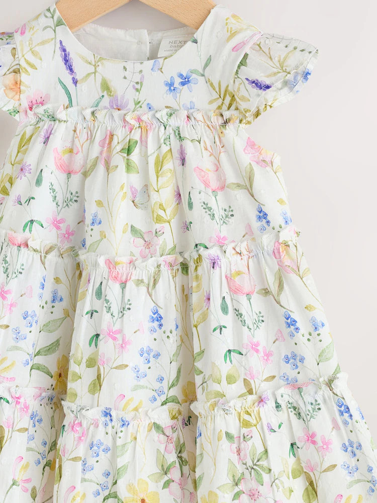 White Floral Baby Tiered Woven Dress and Knickers Set 2 Piece (0mths-2yrs)