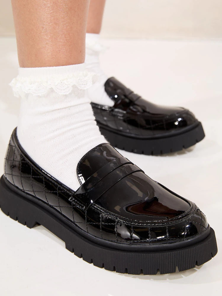 Lipsy Black Chunky Quilted Loafer School Shoes