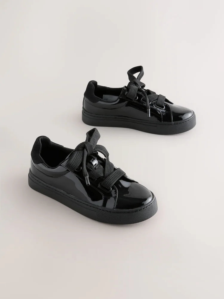 Black Patent Retro Lace Up School Trainers