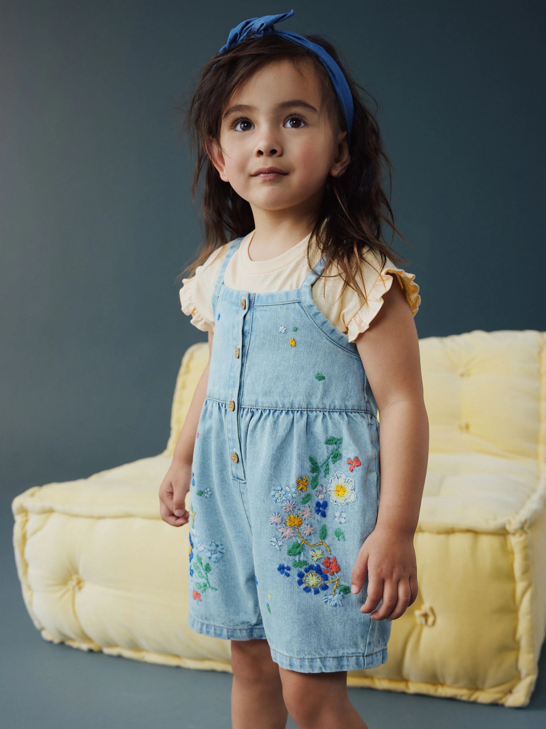 Mid Blue Floral Embroidered Denim Playsuit and T-Shirt (3mths-7yrs)