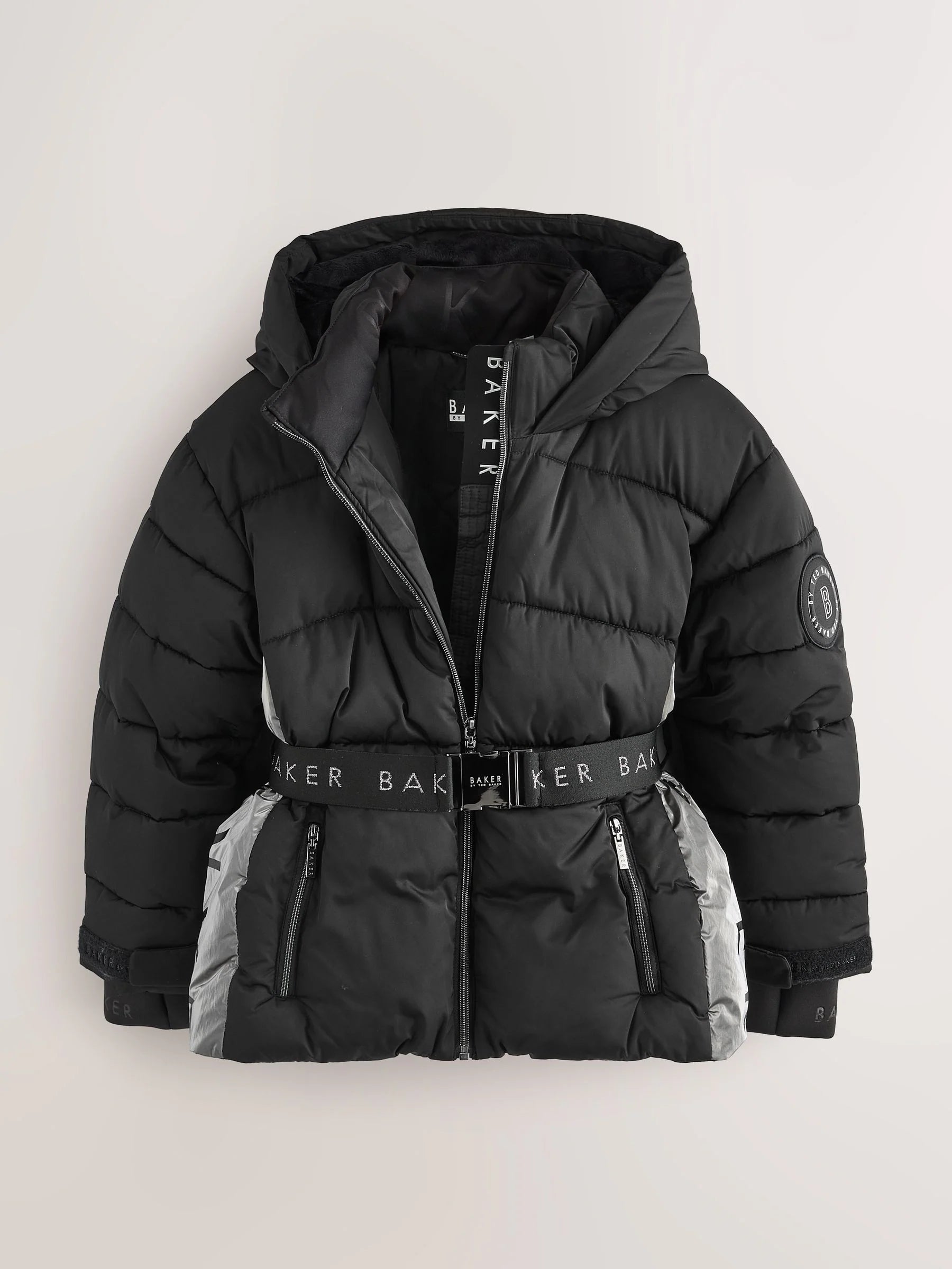 Baker by Ted Baker Shower Resistant Panel Belted Black Padded Coat