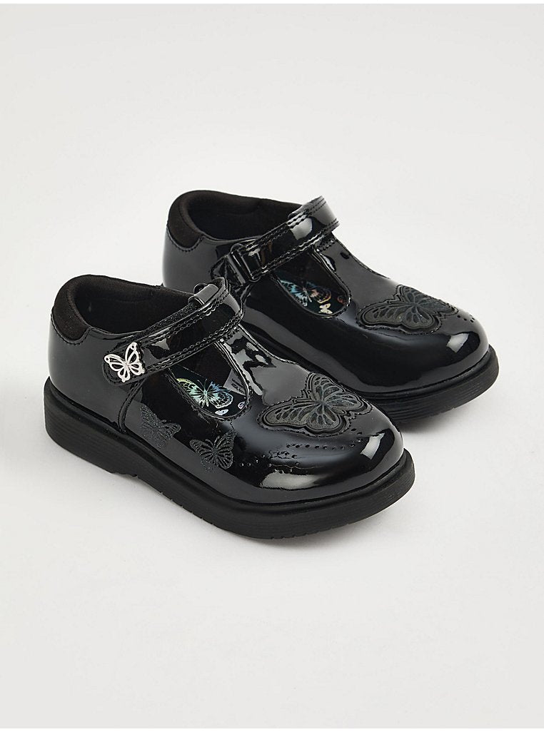 Black Patent Light Up Butterfly T-Bar School Shoes