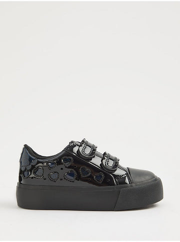 Black Heart Cutout Patent Twin Strap School Shoes