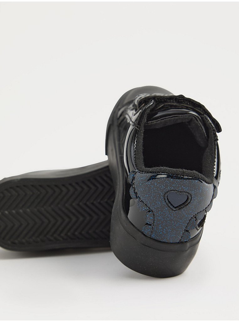 Black Heart Cutout Patent Twin Strap School Shoes