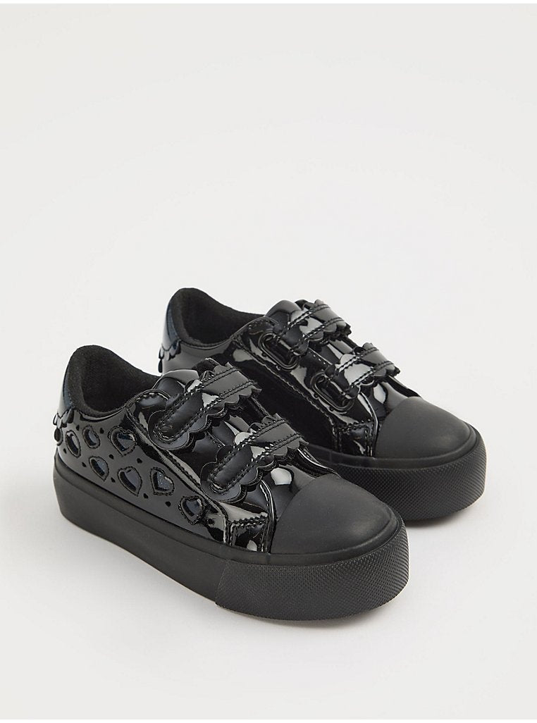 Black Heart Cutout Patent Twin Strap School Shoes
