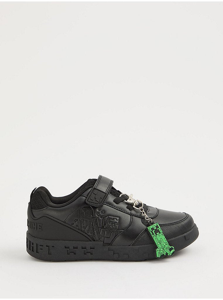 Wide Fit Minecraft Black Single Strap Keyring School Shoes