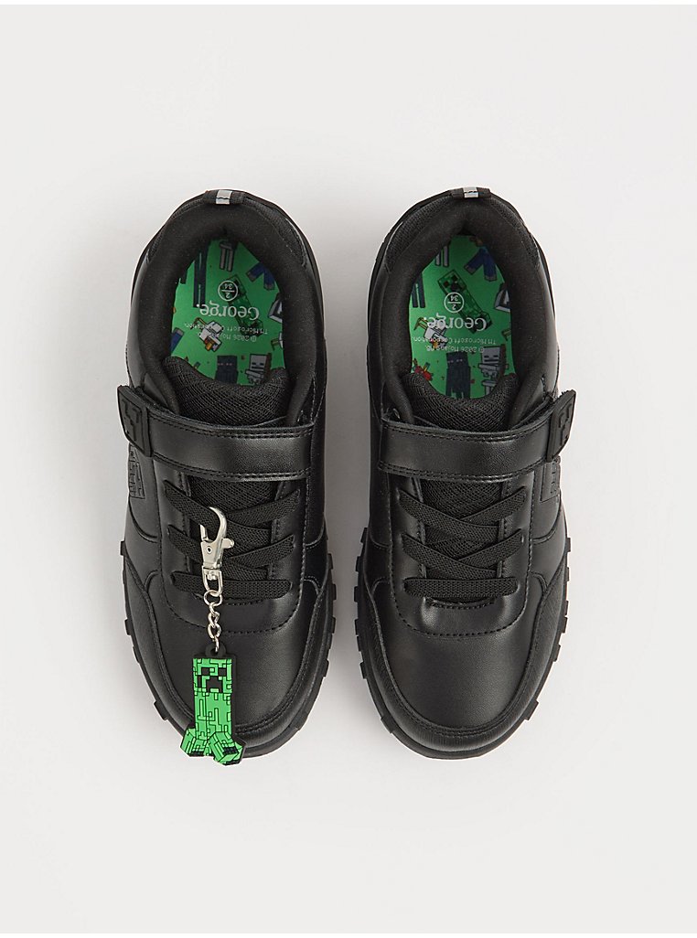 Wide Fit Minecraft Black Single Strap Keyring School Shoes