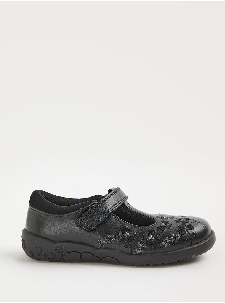 Black T-Bar Flower Embroidery School Shoes