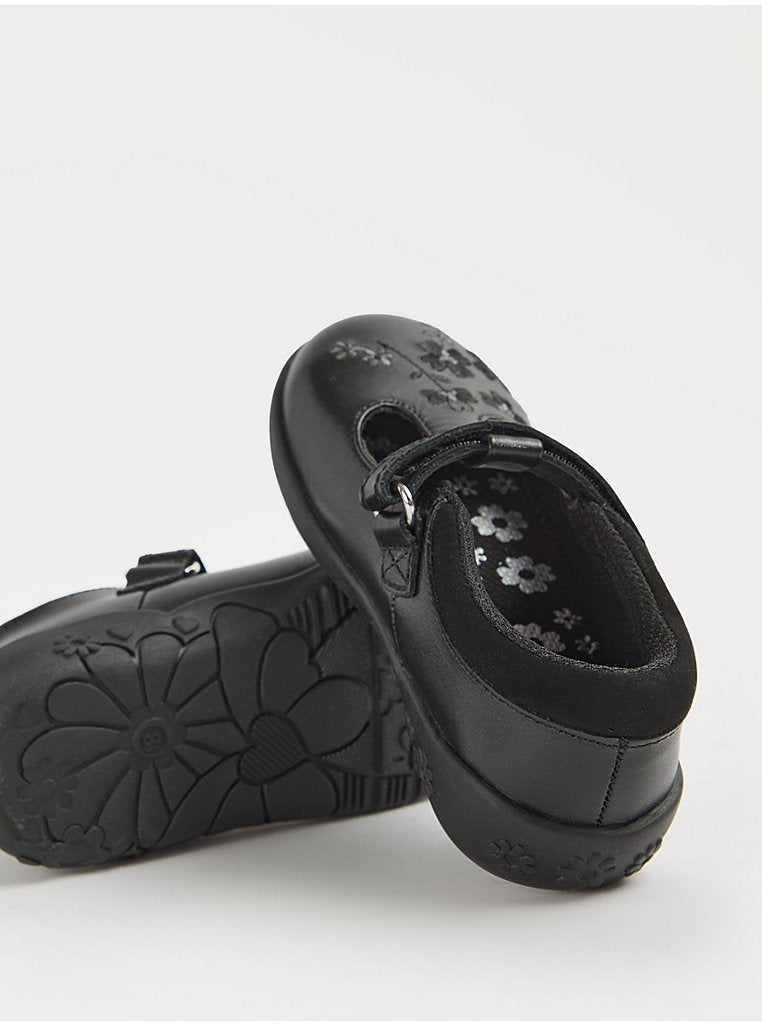 Black T-Bar Flower Embroidery School Shoes