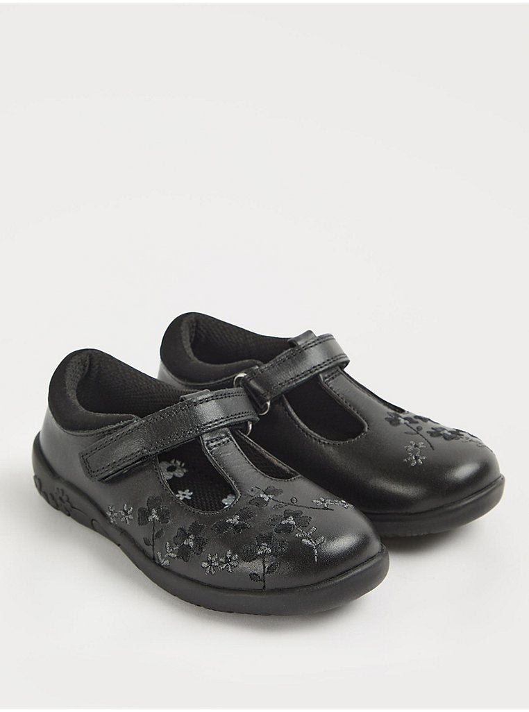 Black T-Bar Flower Embroidery School Shoes