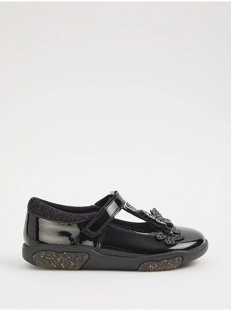 Black Butterfly T-Bar Black Patent School Shoes