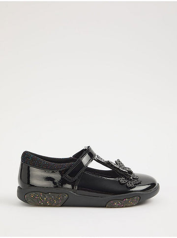 Black Butterfly T-Bar Black Patent School Shoes