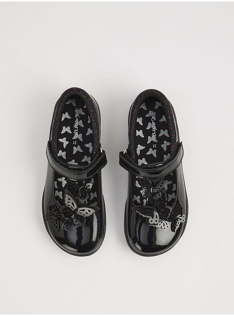 Black Butterfly T-Bar Black Patent School Shoes