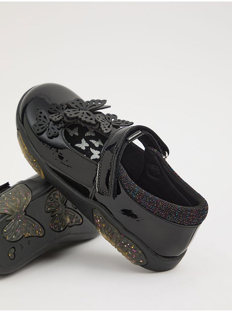 Black Butterfly T-Bar Black Patent School Shoes