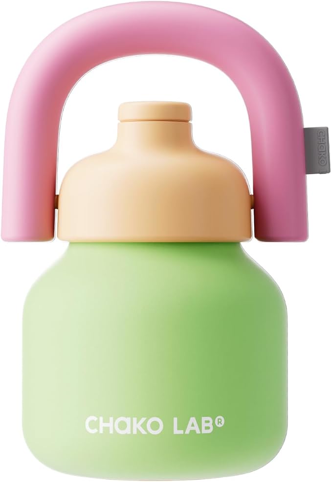 CHAKO LAB Water Bottle with Straw and Carry Handle | Wide Mouth vacuum insulated stainless steel Bottles | Reusable, leak-proof and BPA-free | 33oz(Green&Orange)