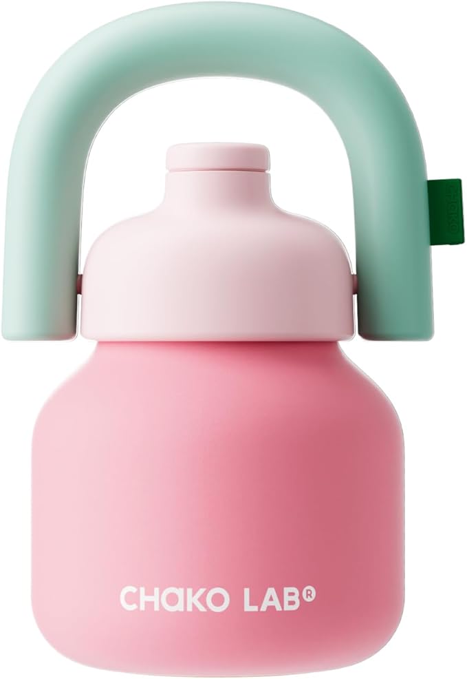 CHAKO LAB Water Bottle with Straw and Carry Handle | Wide Mouth vacuum insulated stainless steel Bottles | Reusable, leak-proof and BPA-free | 33oz(Pink&Red)