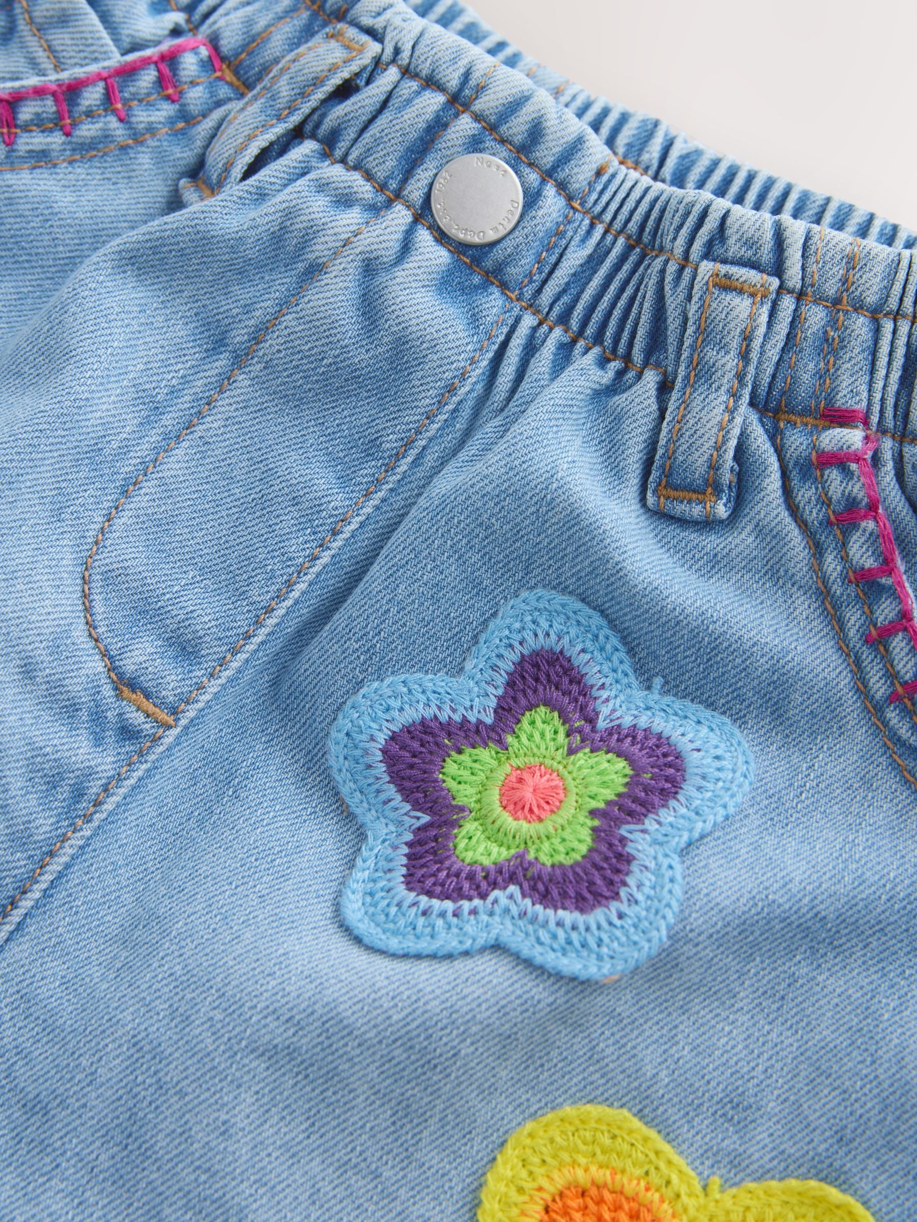 Mid Denim Crochet Flower Pull On Denim Shorts (3mths-10yrs)