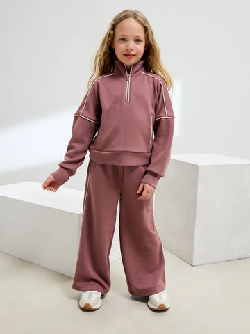 Rust Pink Supersoft Zip Neck Crew and Wide Leg Joggers Set (3-16yrs)