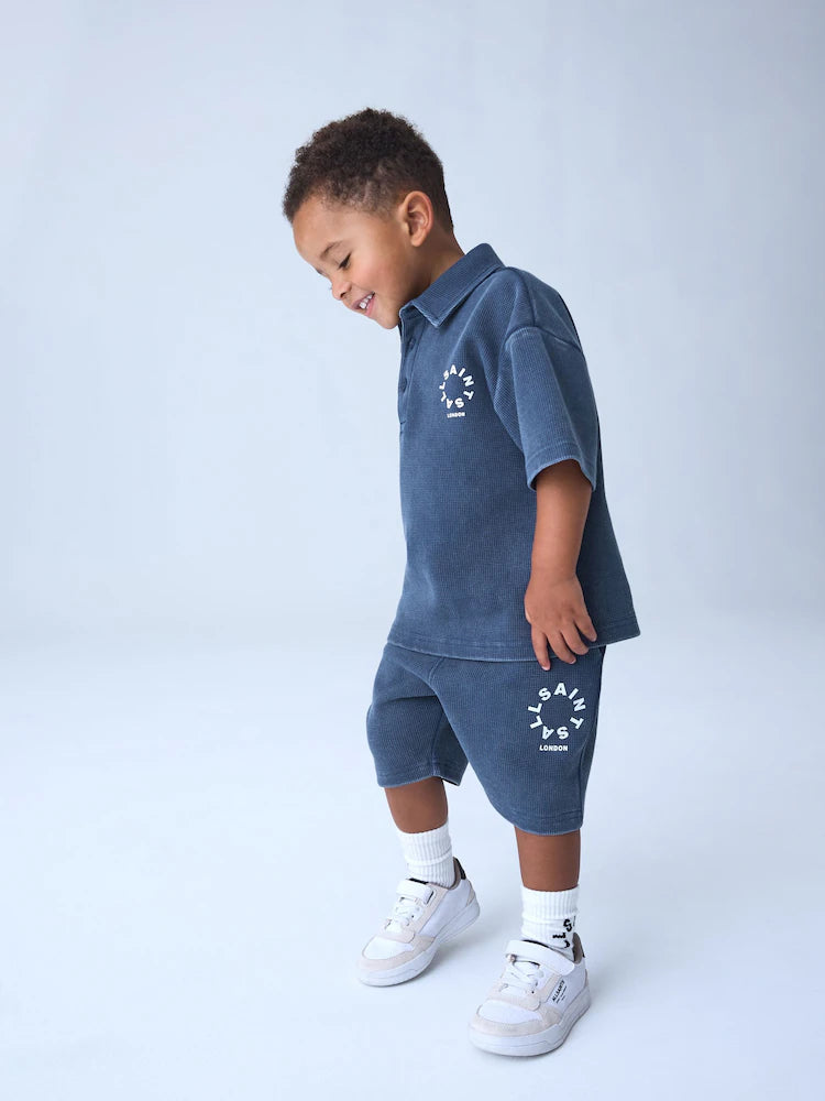 smALLSAINTS Blue Tierra Waffle Polo Shirt and Shorts Set