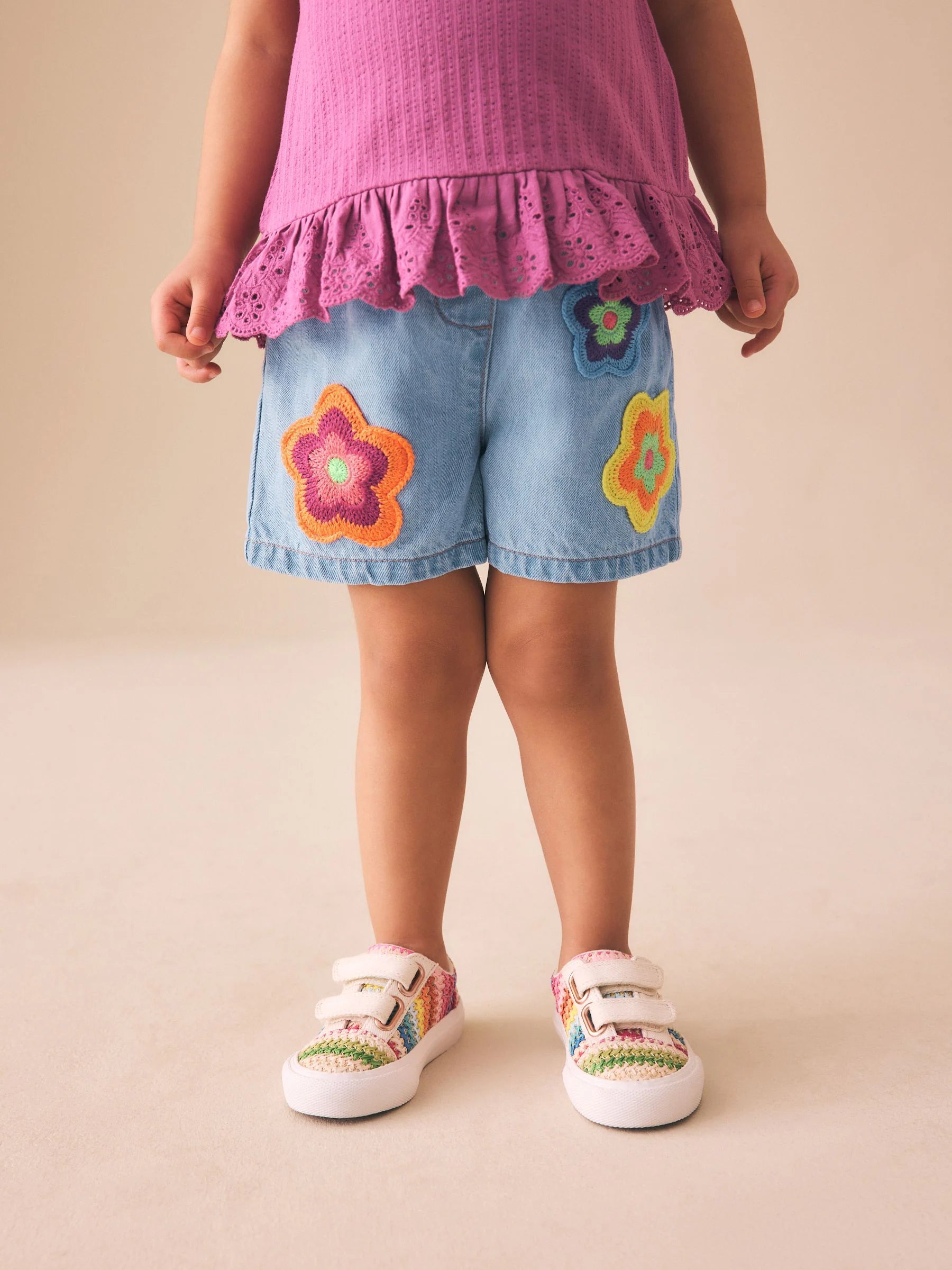 Mid Denim Crochet Flower Pull On Denim Shorts (3mths-10yrs)