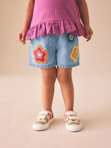 Mid Denim Crochet Flower Pull On Denim Shorts (3mths-10yrs)