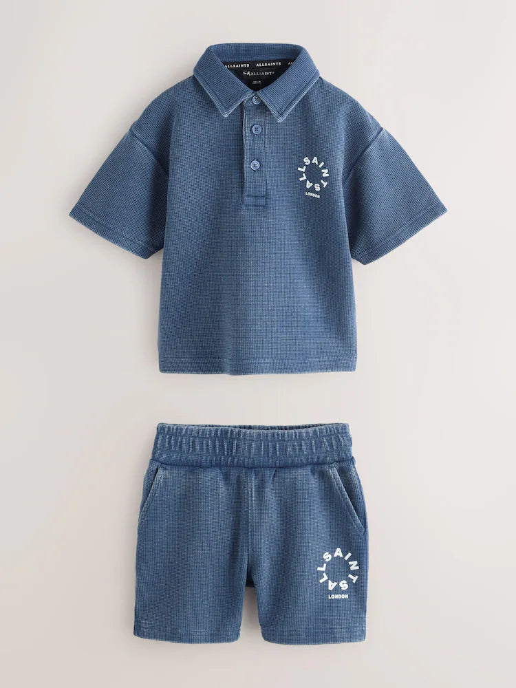 smALLSAINTS Blue Tierra Waffle Polo Shirt and Shorts Set