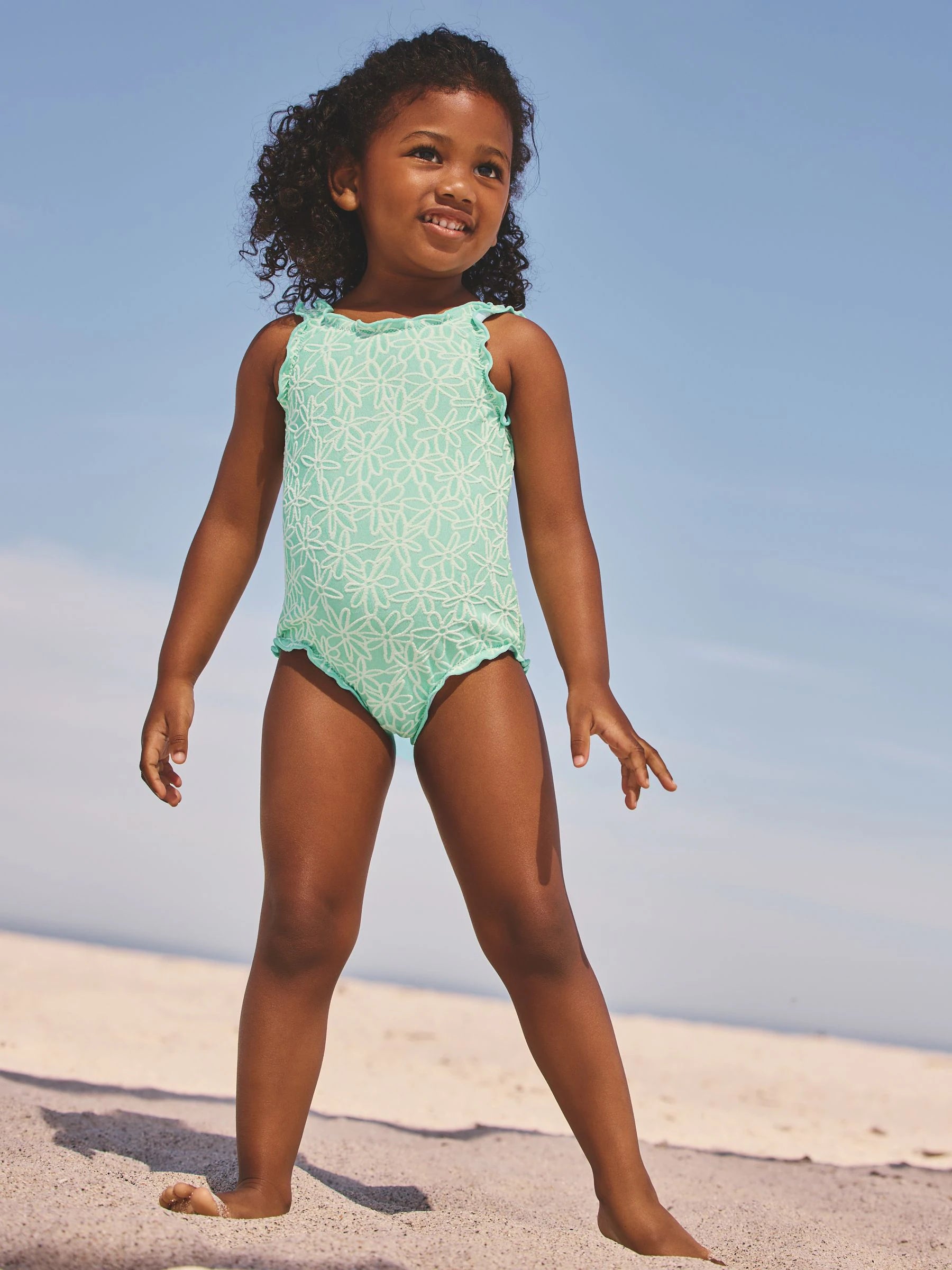 Mint Green Floral Texture Lettuce Edge Swimsuit (3mths-7yrs)