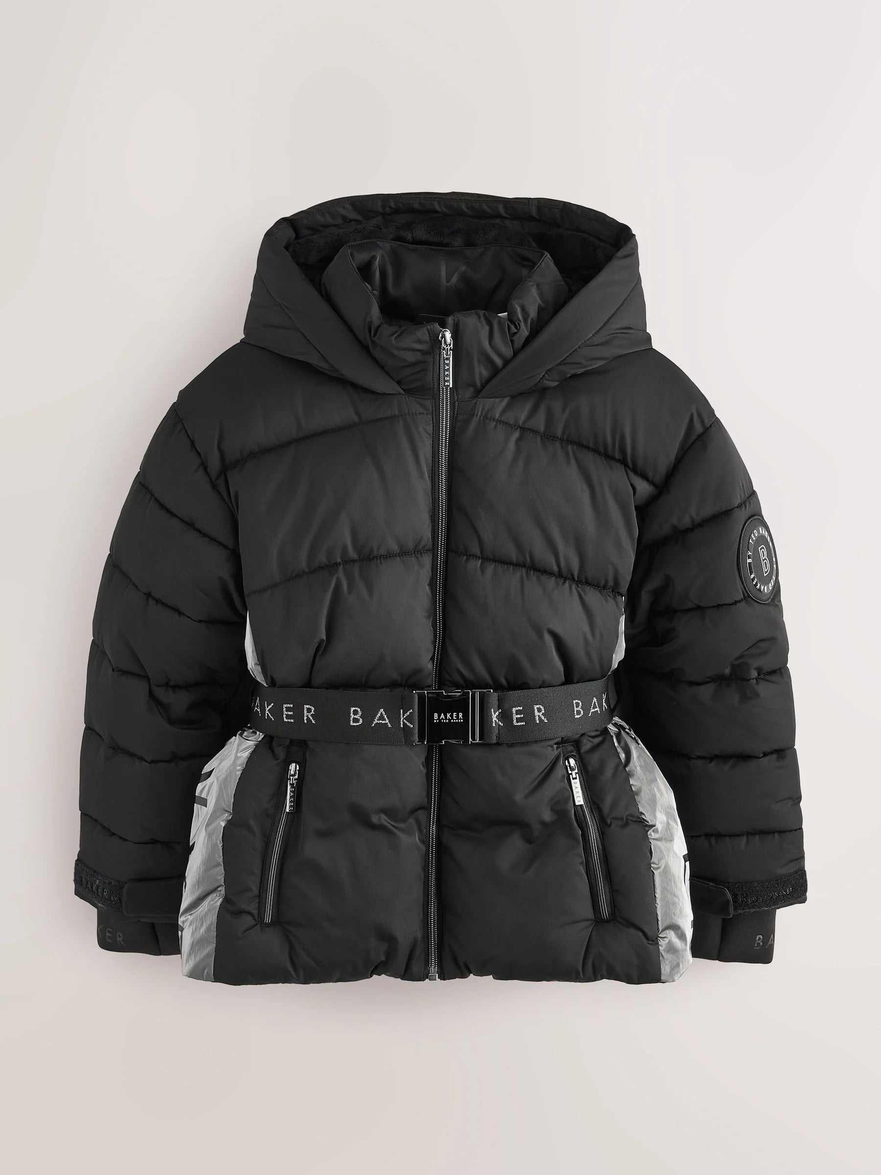 Baker by Ted Baker Shower Resistant Panel Belted Black Padded Coat