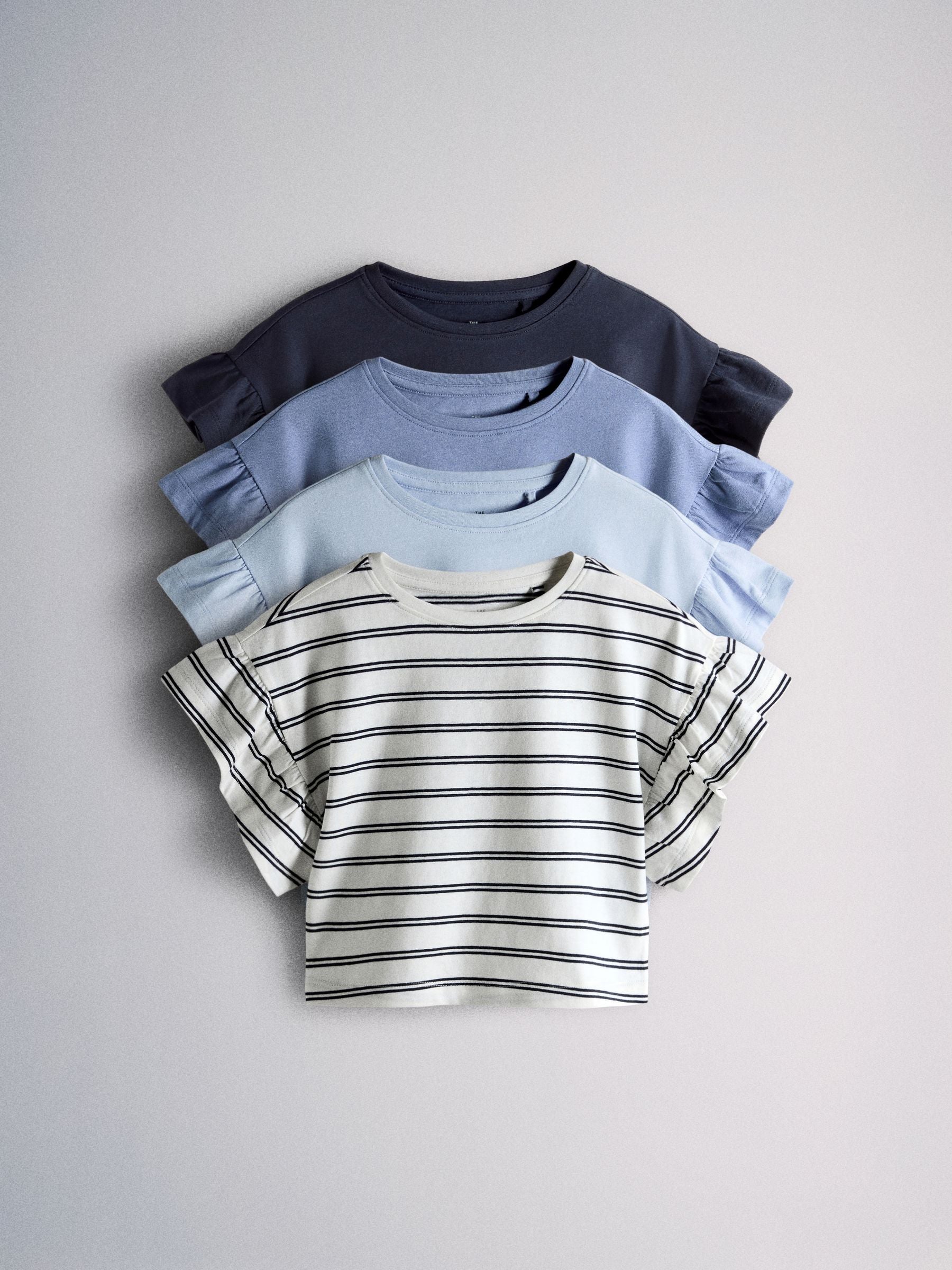 The Set 4 Pack Frill Sleeve Cotton T-Shirts Navy Blue/Ecru/Stripe