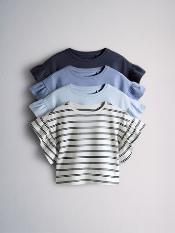 The Set 4 Pack Frill Sleeve Cotton T-Shirts Navy Blue/Ecru/Stripe